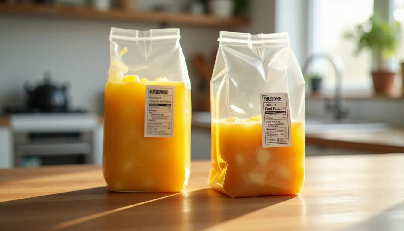Deux emballages alimentaires côte à côte sur un plan de travail en bois illustrant la différence entre date limite de consommation et date de durabilité minimale