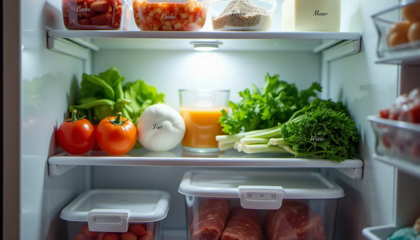 Intérieur de réfrigérateur bien organisé avec des aliments étiquetés et rangés selon leur date à consommer jusqu'au pour éviter le gaspillage