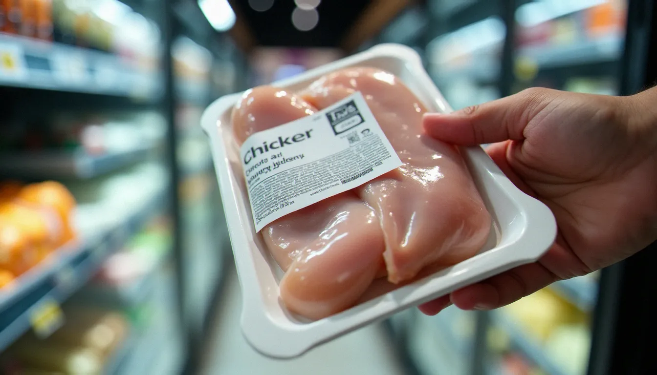 Main tenant un emballage de poulet frais avec la mention à consommer jusqu'au visible sur l'étiquette, rayon réfrigéré de supermarché
