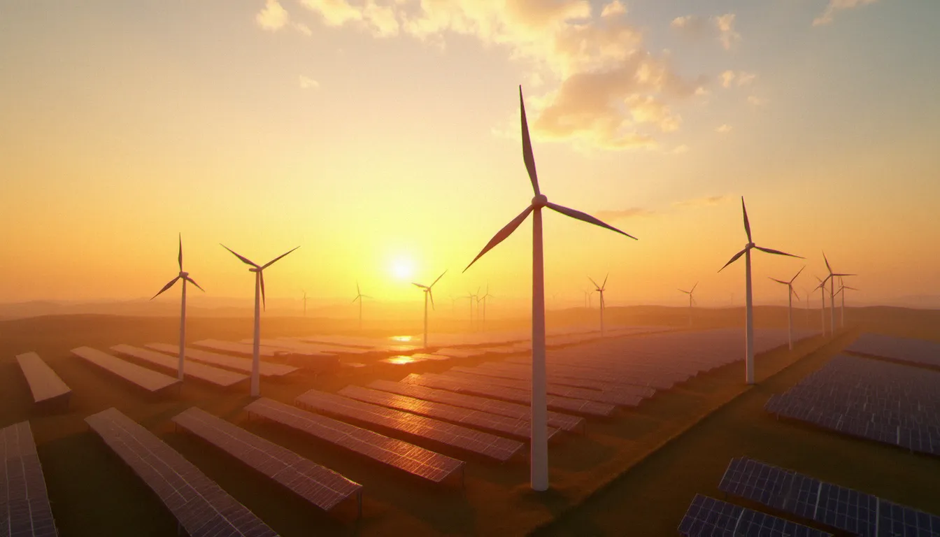 Parc éolien et champ de panneaux solaires en campagne européenne au coucher du soleil, illustrant la transition énergétique portée par les engagements climatiques de l'accord de Paris