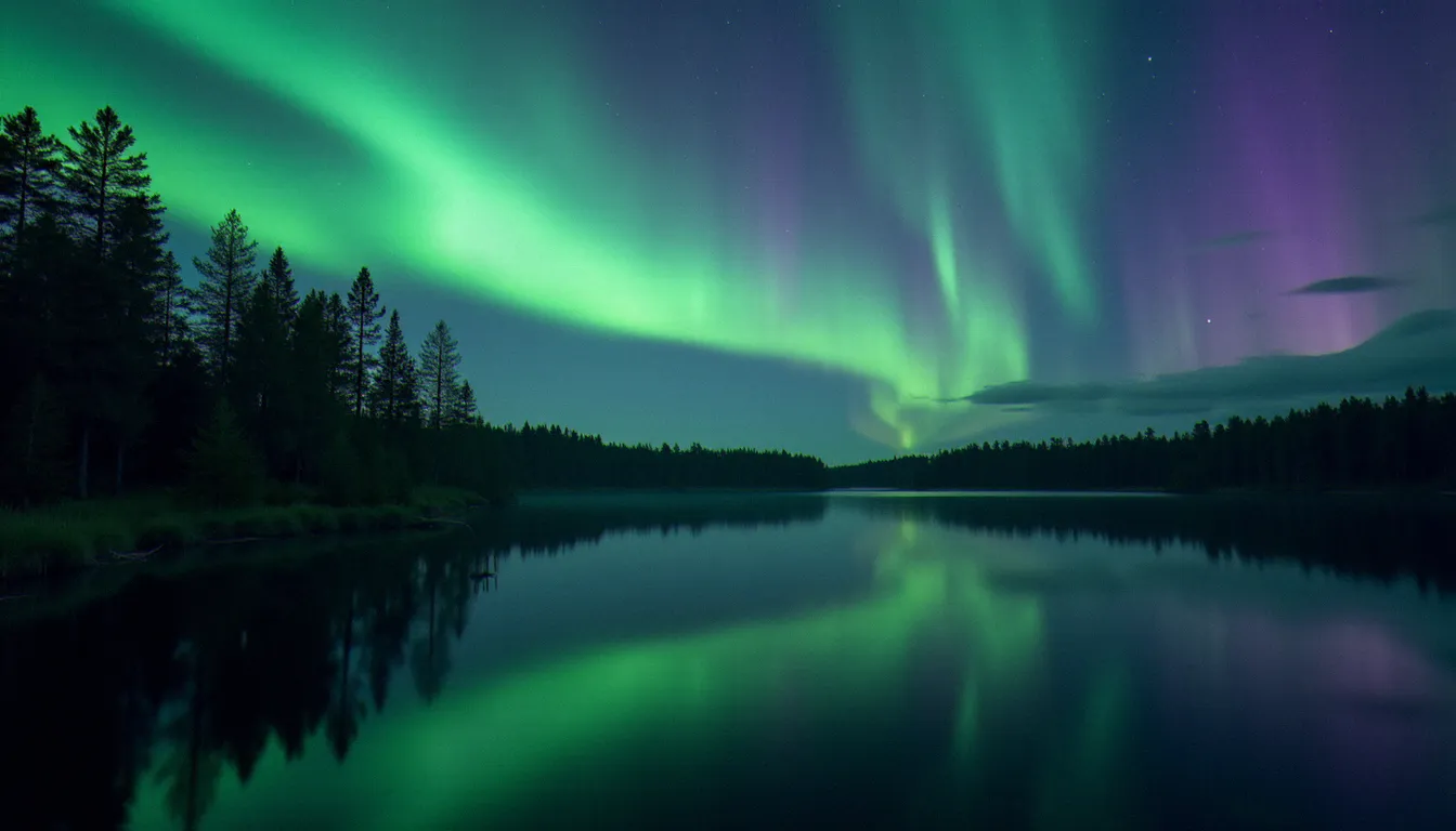 Aurores boréales vertes et violettes se reflétant dans un lac nordique, phénomène visible lors des maxima d'activité solaire intense