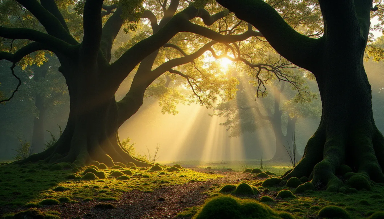 Forêt européenne ancienne au lever du soleil, symbole de l'écologie profonde et du rapport sacré à la nature défendu par les penseurs de l'écologie radicale