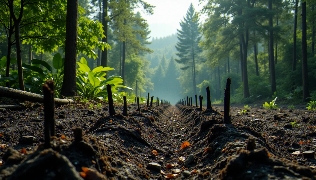 Contraste saisissant entre forêt tropicale intacte et zone déboisée en Amérique du Sud, arbres brûlés et souches visibles au premier plan