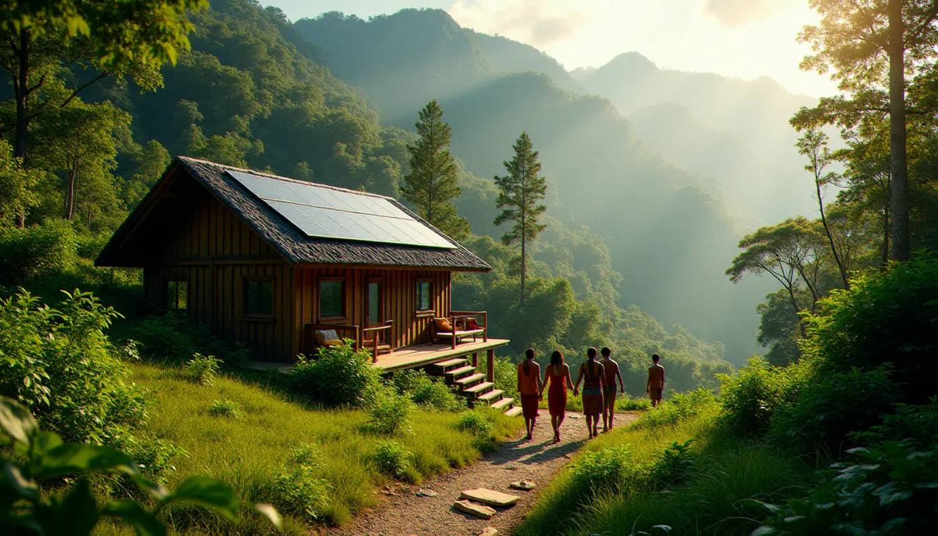 Éco-lodge durable en Amérique du Sud intégré dans la jungle, guide local accompagnant des voyageurs responsables sur un sentier forestier