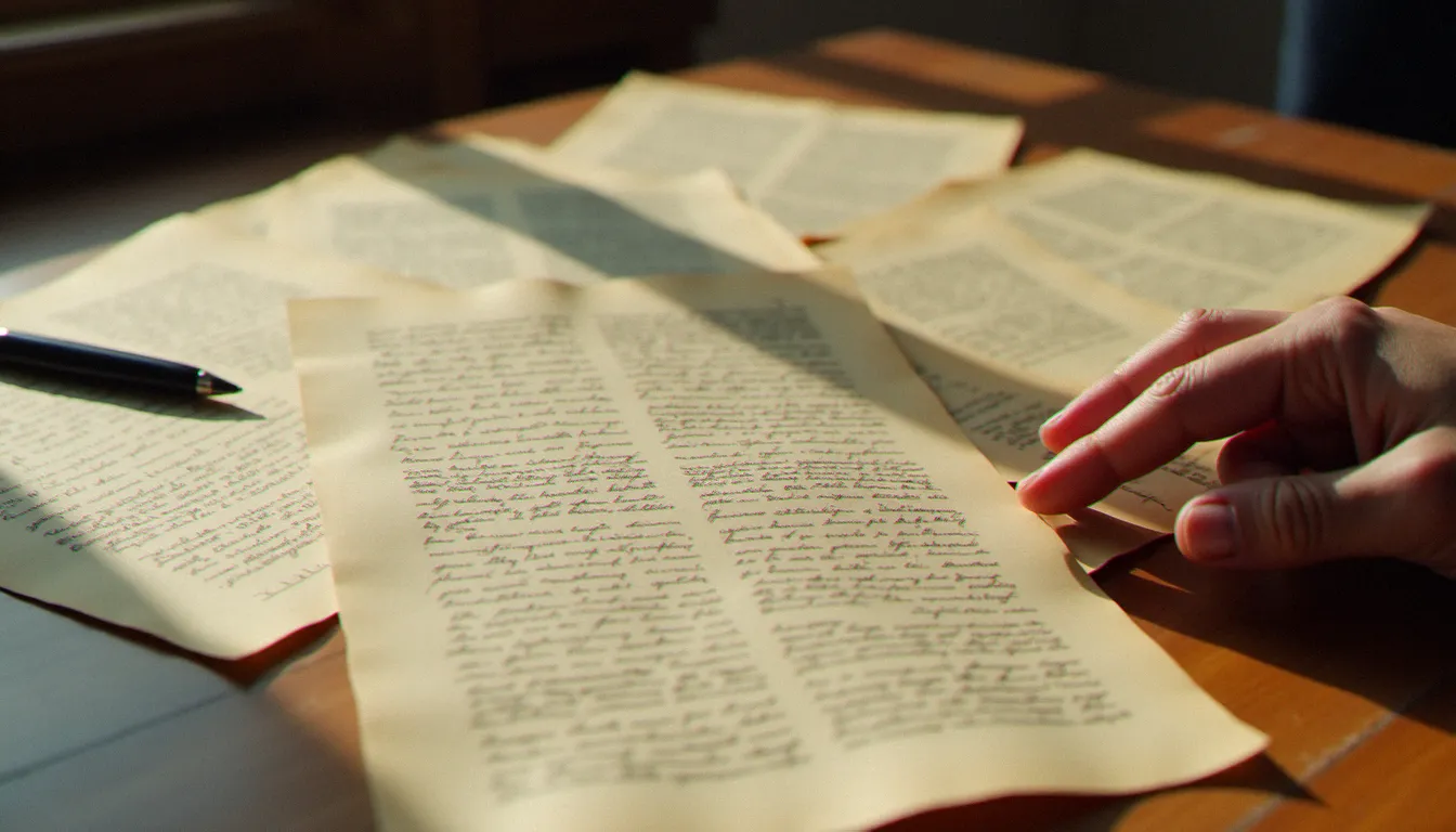 Des documents politiques et manifestes annotés à la main posés sur une table en bois, illustrant les textes militants de l'époque de l'appel de Klingenthal