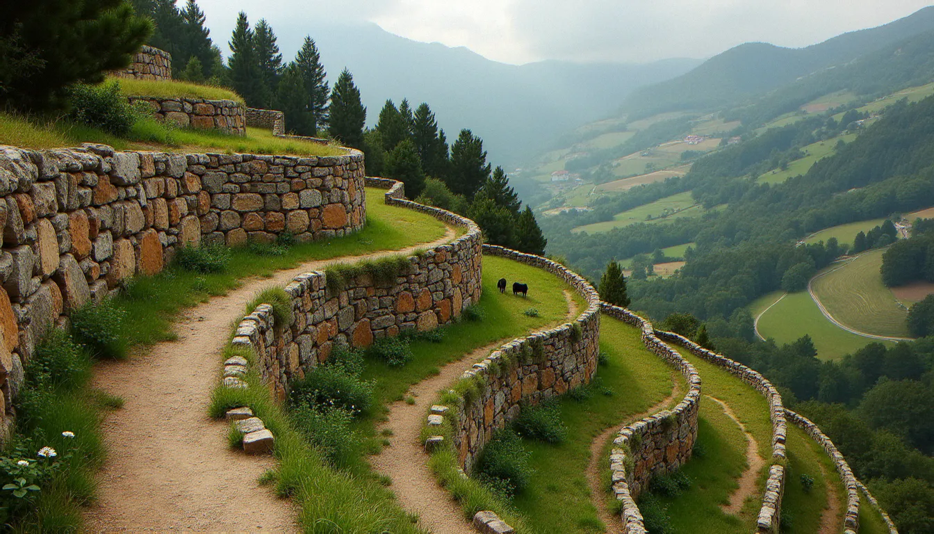 Terrasses agricoles médiévales en pierre sèche dans le sud de l'Europe, témoignant des pratiques de gestion durable des terres bien avant la notion d'écologie