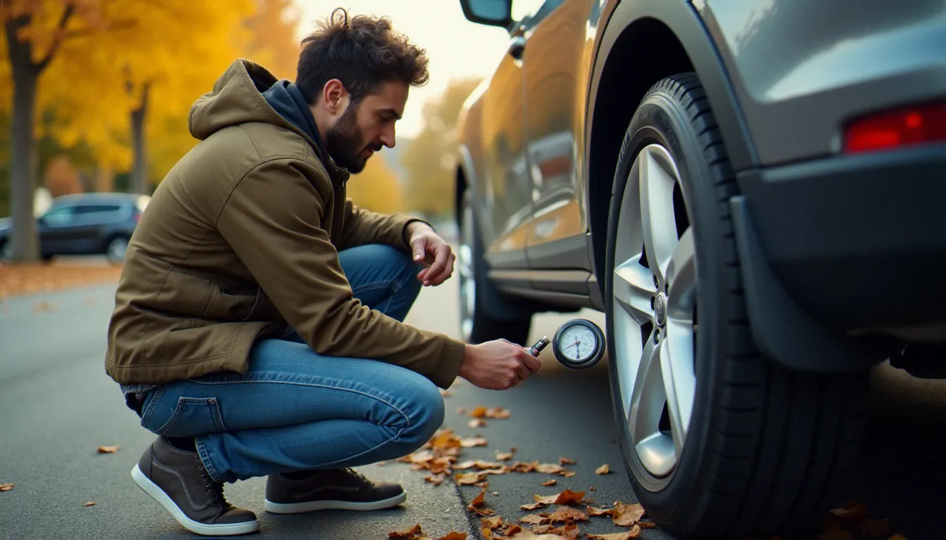 Personne vérifiant la pression des pneus de sa voiture, un geste simple pour réduire la consommation de carburant