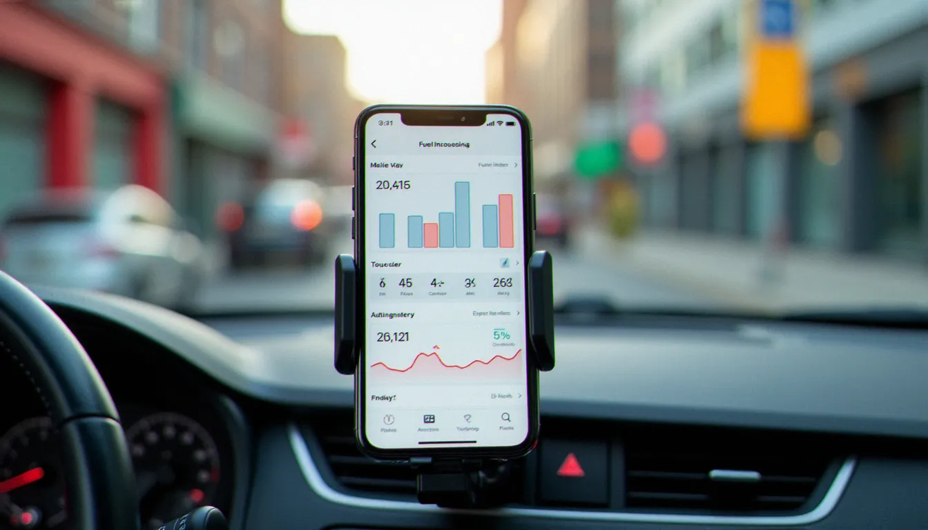 Smartphone fixé sur un support tableau de bord affichant une application de suivi de consommation d'essence avec des graphiques de kilométrage