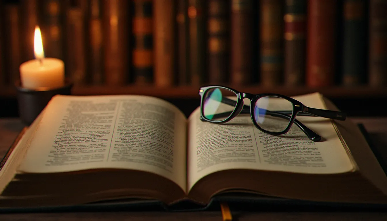 Mains feuilletant les pages d'un livre religieux épais dans une bibliothèque tamisée, illustrant la lecture du catéchisme structuré en quatre parties