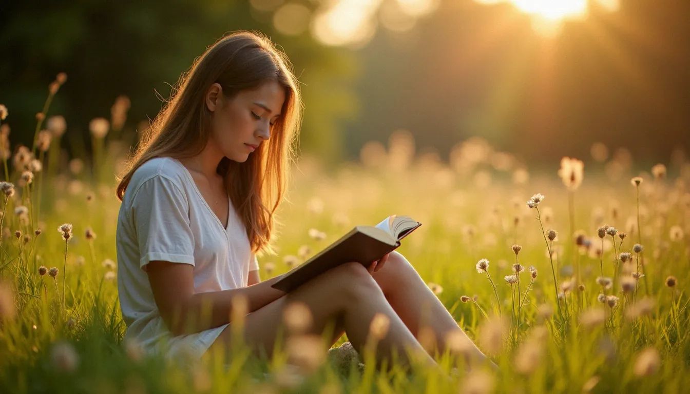 Personne lisant un petit livre dans une prairie ensoleillée entourée de fleurs sauvages, évoquant la relation entre spiritualité catholique et soin de la création naturelle
