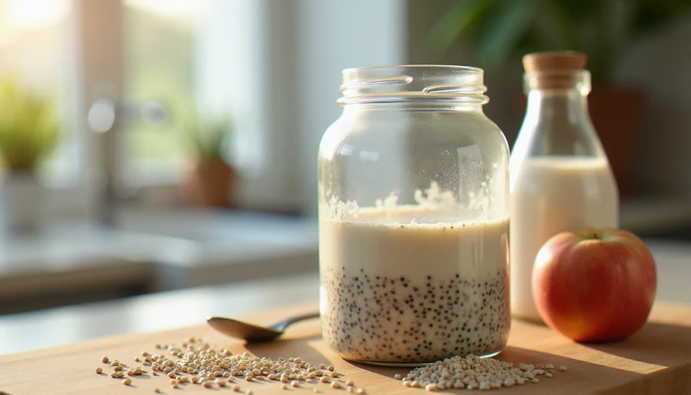 Bocal en verre contenant des graines de chia en train de gonfler dans du lait d'avoine, montrant la technique de trempage pour former le gel de chia