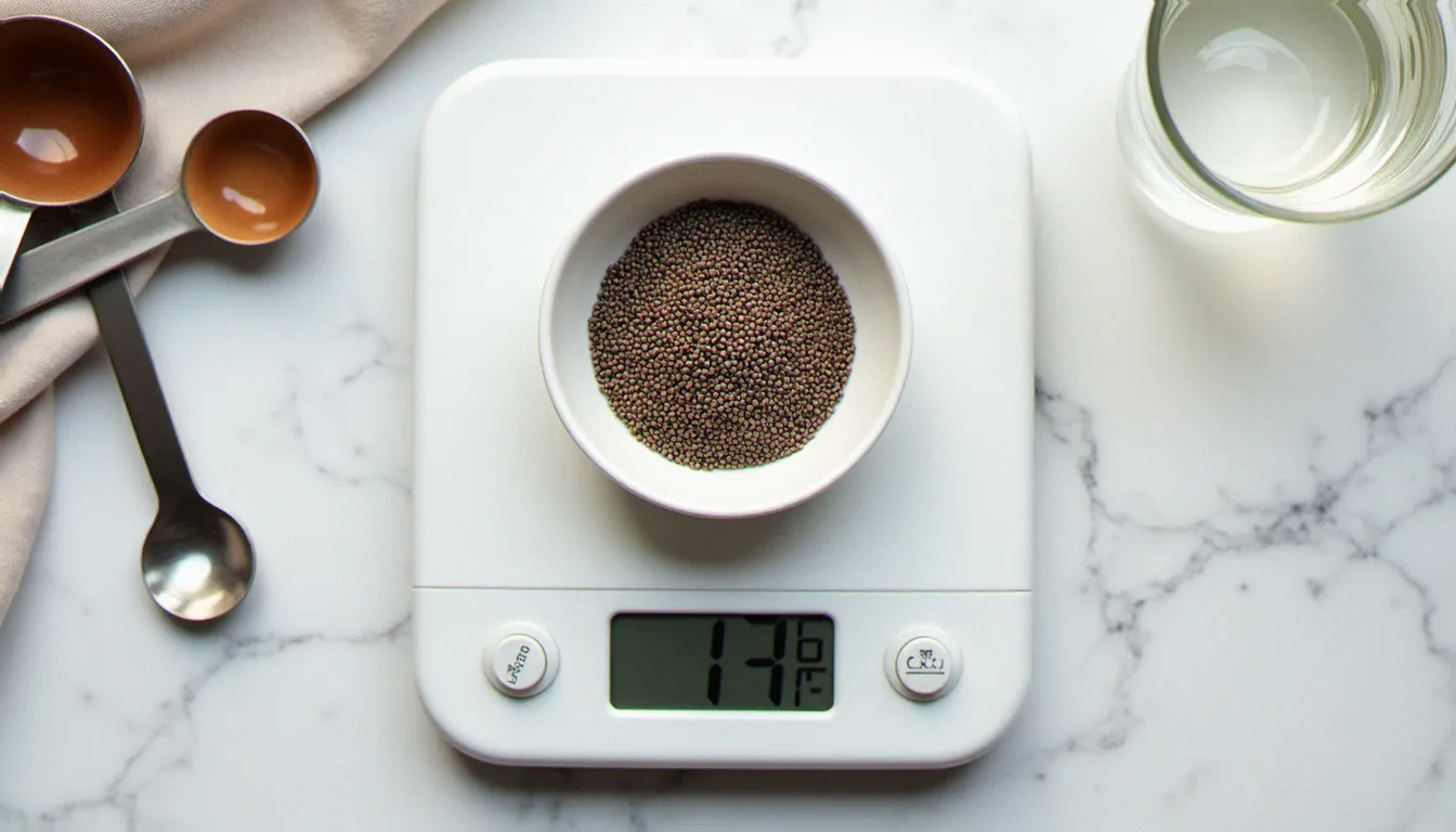 Balance de cuisine mesurant 15 grammes de graines de chia dans un bol blanc, illustrant la quantité journalière recommandée à consommer