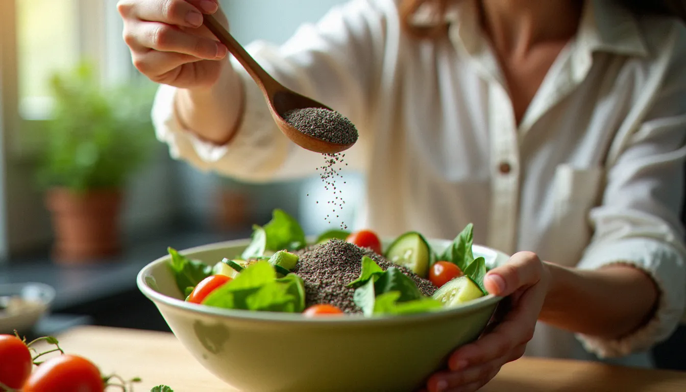 Une femme saupoudre des graines de chia sur une salade verte dans sa cuisine, illustration d'une précaution d'usage simple au quotidien