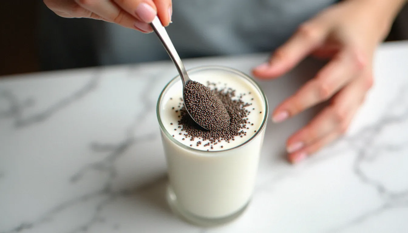 Main mélangeant des graines de chia dans du lait d'avoine dans un verre transparent, montrant l'étape de trempage pour préparer un pudding de chia