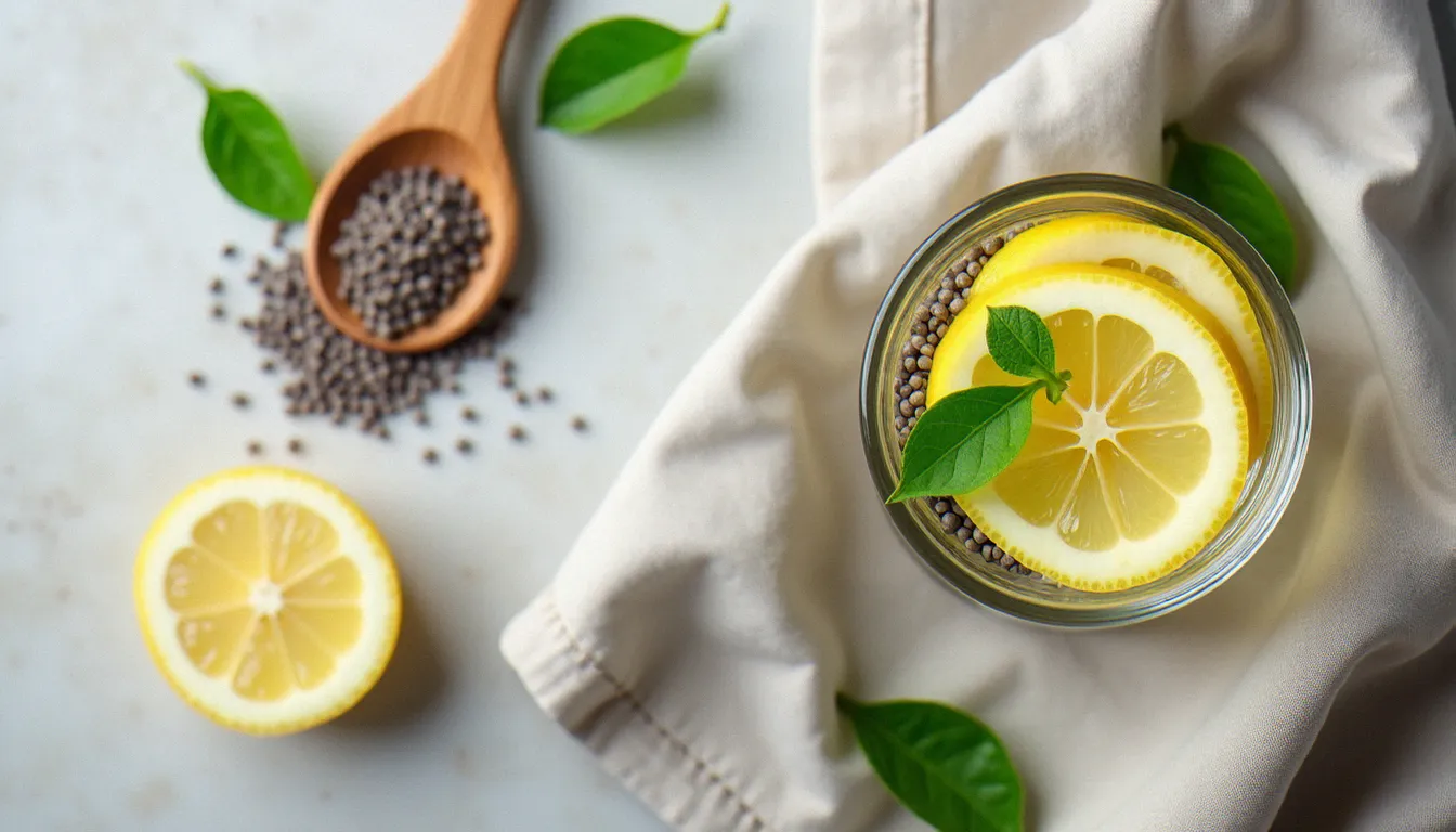 Vue de dessus d'une cuillère de graines de chia, un verre d'eau citronnée avec des graines gonflées, illustrant la dose journalière recommandée de graines de chia