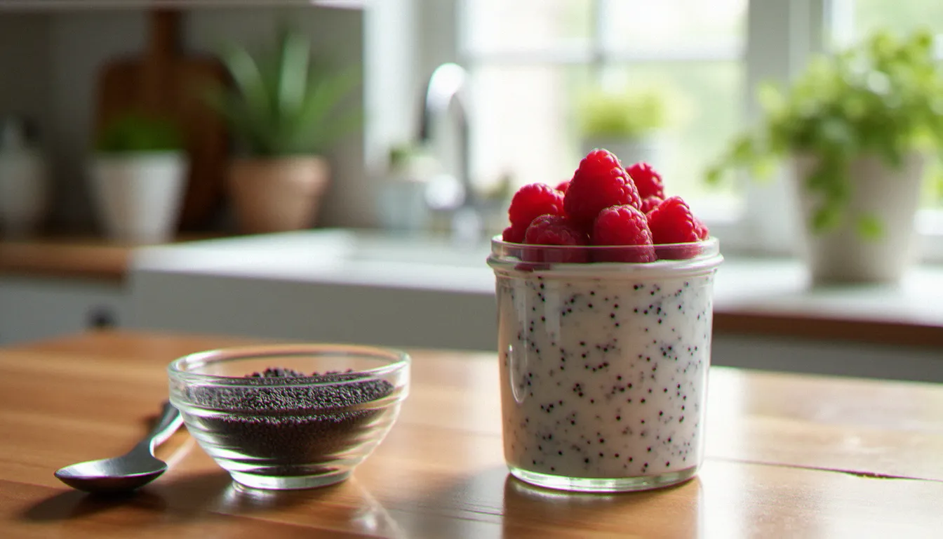 Graines de chia noires dans un bol en bois et pudding de chia aux framboises en bocal en verre, illustrant comment consommer les graines de chia au quotidien