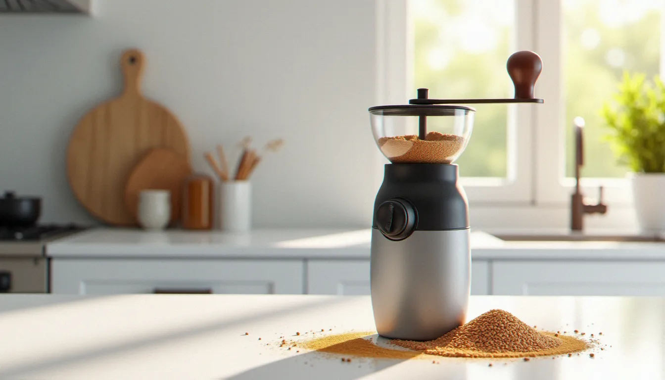 Moulin à café électrique utilisé pour moudre des graines de lin brunes en poudre fine sur un plan de travail blanc