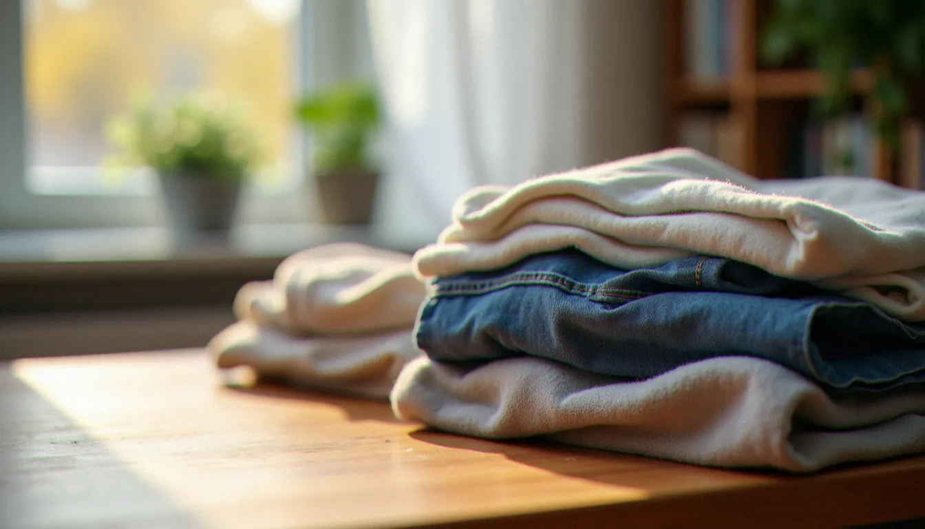 Vêtements de seconde main soigneusement pliés sur une table en bois, symbolisant une alternative concrète à la fast fashion dans une démarche de consomation responsable