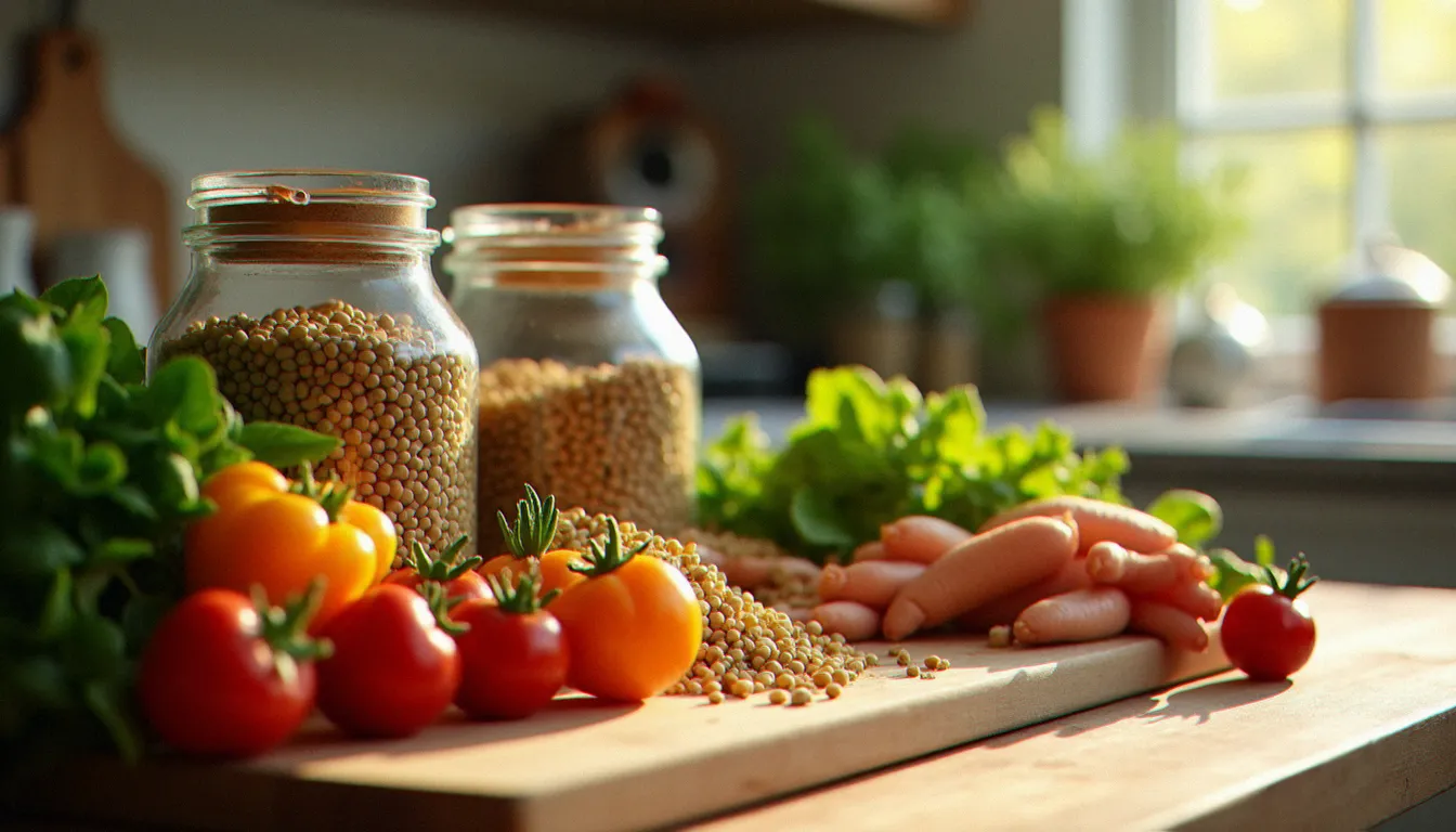 Cuisine familiale avec légumes frais de saison et légumineuses en bocaux, illustrant un mode d'alimentation à faible impact environnemental dans le cadre d'une consomation durable