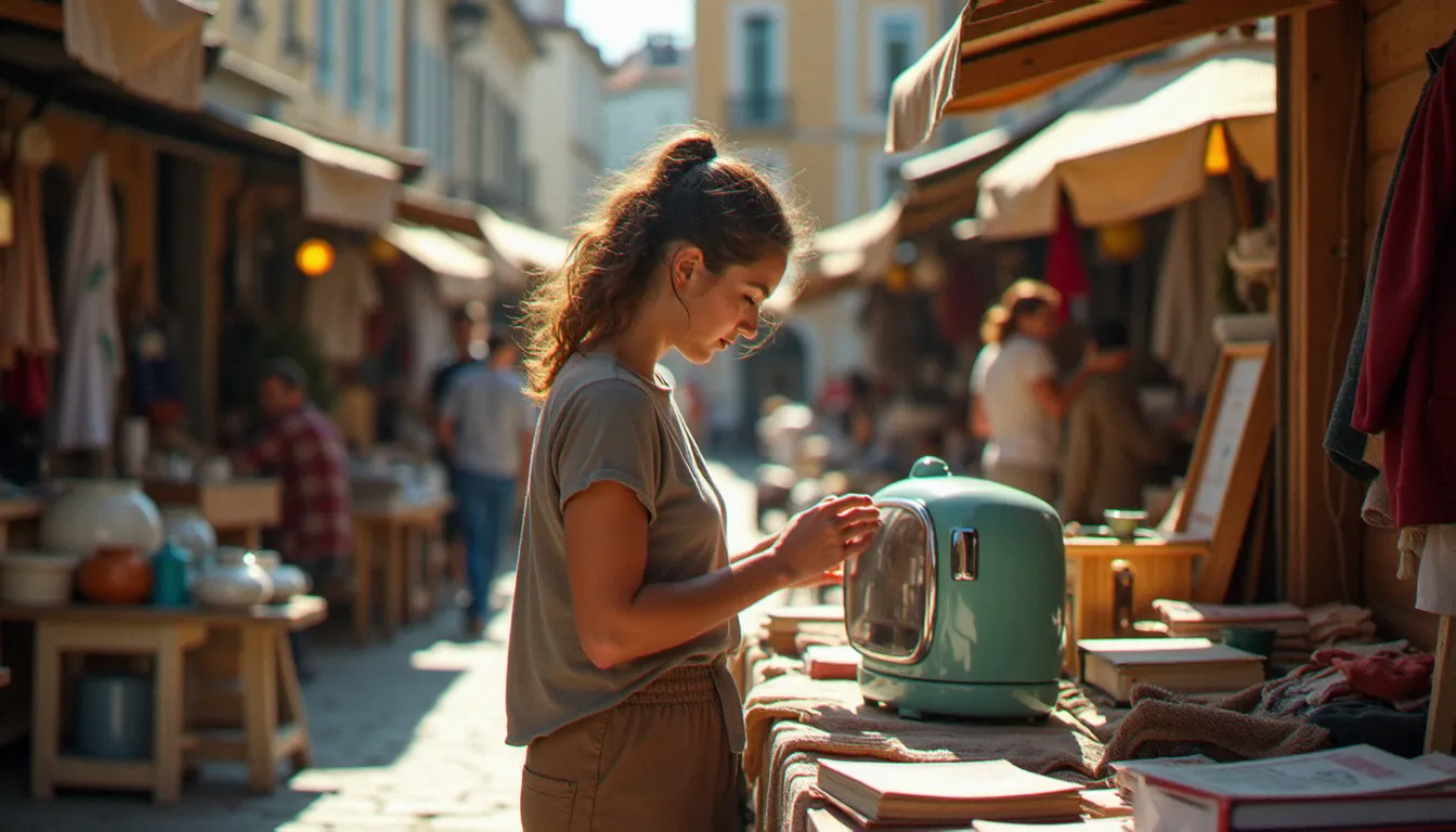 Marché de seconde main en plein air en France avec des objets d'occasion exposés sur des tréteaux, alternative concrète à la consommation de produits neufs