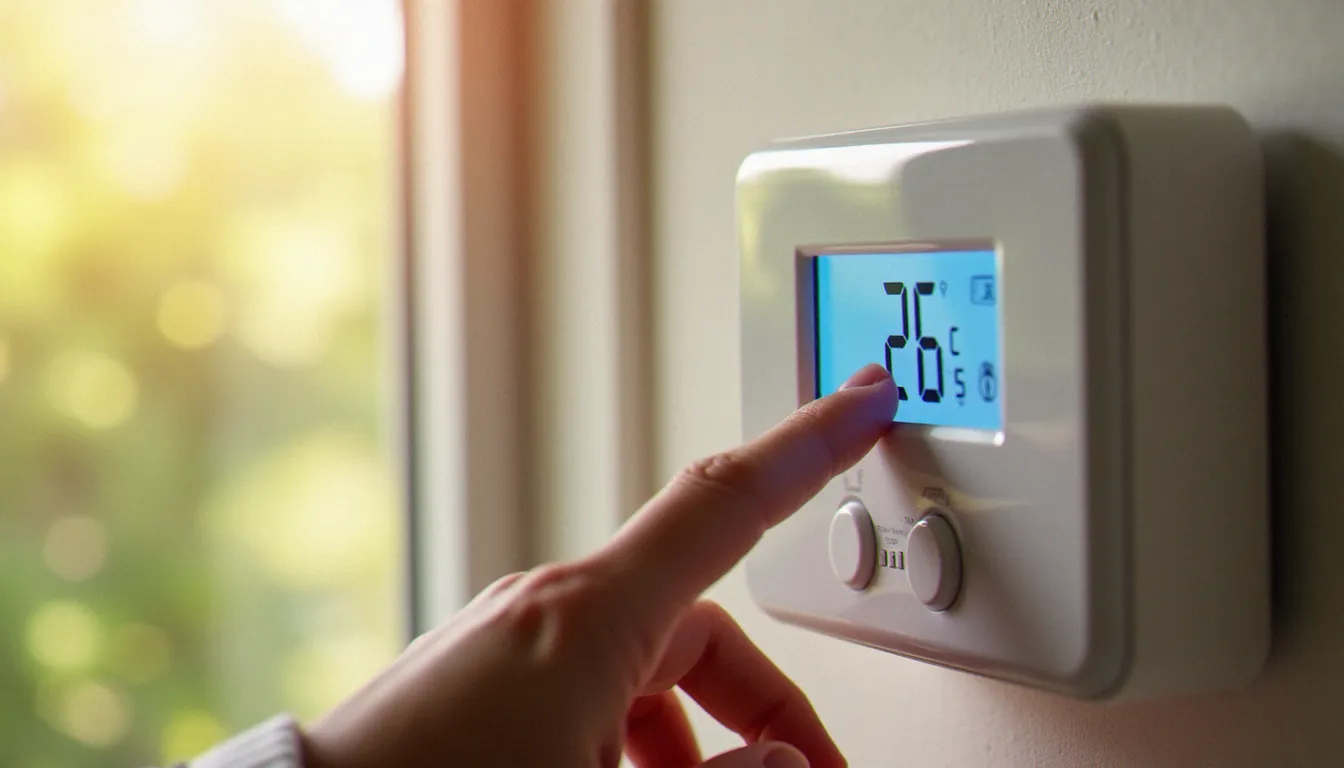 Main réglant la télécommande d'un climatiseur sur 26°C pour optimiser la consommation électrique