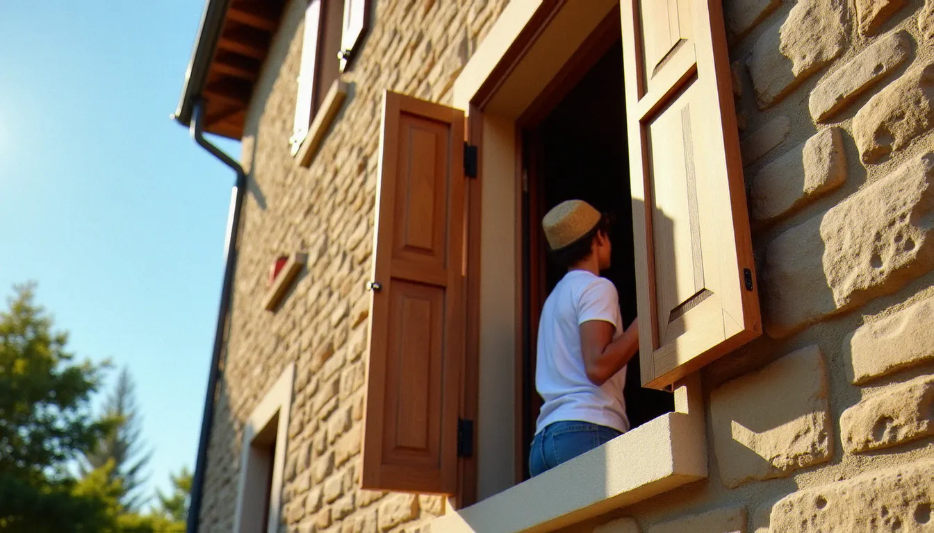Personne fermant les volets en bois d'une maison française pour protéger l'intérieur de la chaleur et réduire la consommation de climatisation
