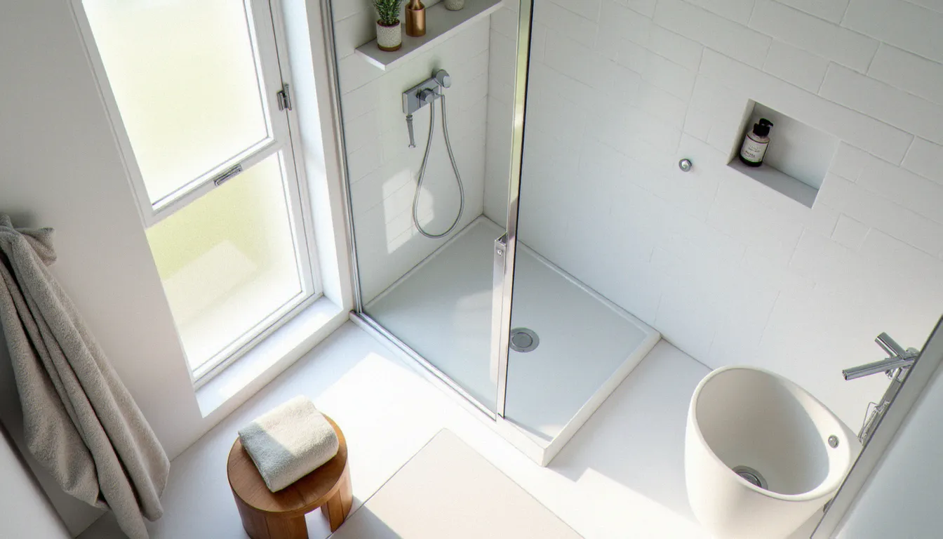 Salle de bain moderne avec douche à l'italienne, représentant les principaux postes de consommation d'eau dans un foyer