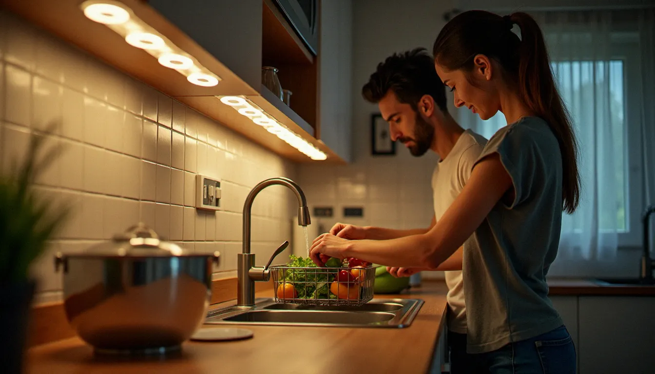 Deux personnes faisant la vaisselle dans une cuisine, illustrant les économies d'eau possibles avec un lave-vaisselle moderne
