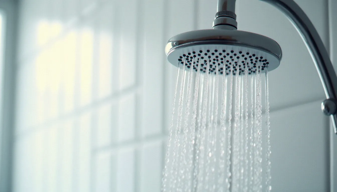 Pommeau de douche économiseur d'eau avec filet d'eau visible, représentant le principal poste de consommation d'eau dans un foyer