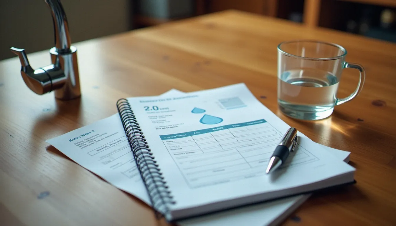 Facture d'eau posée sur une table en bois avec un carnet de notes, illustrant le suivi de la consommation d'eau d'un foyer