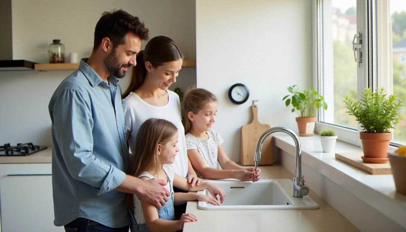 Famille de quatre personnes observant un compteur d'eau dans une cuisine moderne, illustrant la consommation d'eau moyenne pour 4 personnes