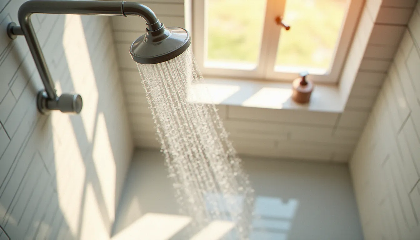 Pommeau de douche économique en fonctionnement dans une salle de bains claire, représentant les postes de consommation d'eau domestique
