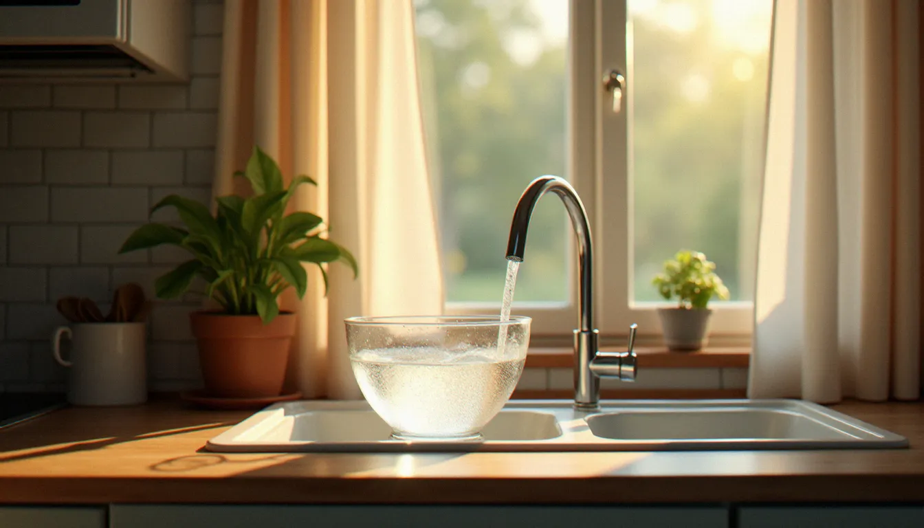 Récupération de l'eau froide du robinet dans un saladier avant la douche chaude, geste concret pour réduire sa consommation d'eau virtuelle et domestique