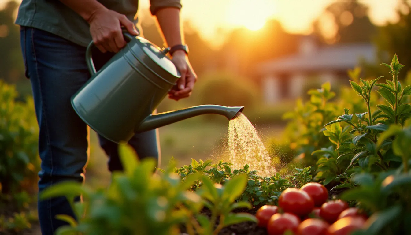 Personne arrosant des légumes au jardin tôt le matin avec un arrosoir, pratique permettant de réduire la consommation d'eau par personne liée à l'alimentation