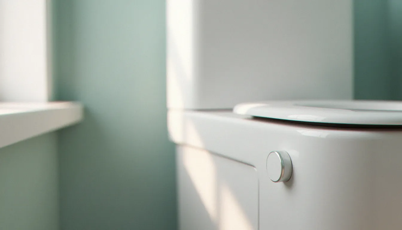 Mécanisme de chasse d'eau double bouton sur un WC moderne, représentant l'un des principaux postes de consommation d'eau dans un foyer