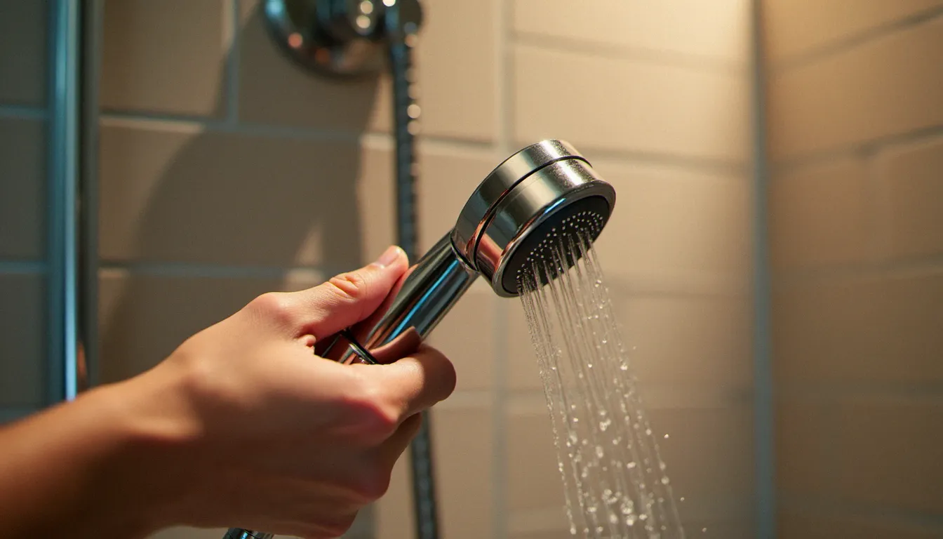 Installation d'une pomme de douche économique dans une salle de bain, geste concret pour réduire la consommation d'eau à deux