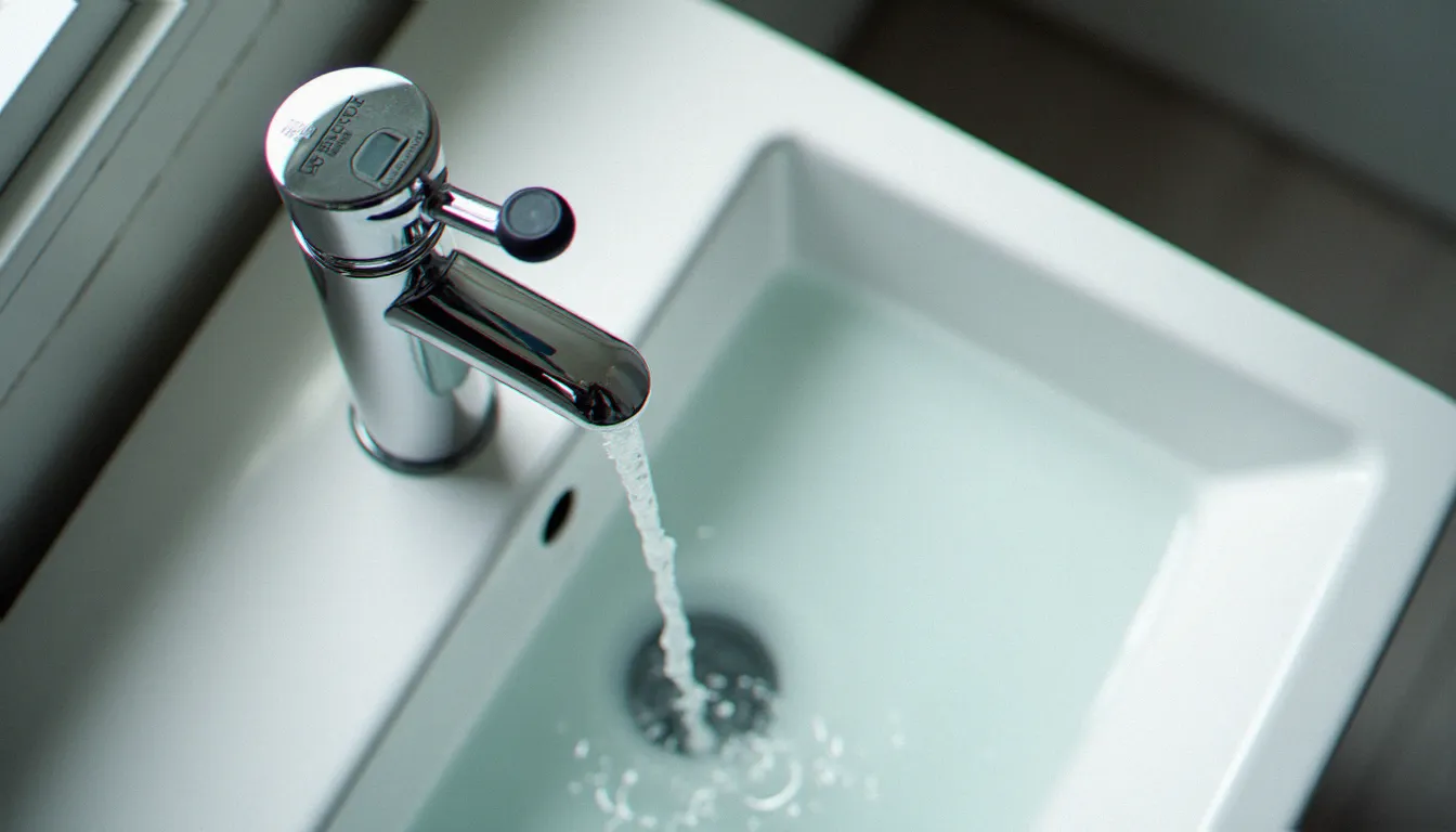Robinet de salle de bain avec un réducteur de débit installé, représentant les principaux postes de consommation d'eau domestique