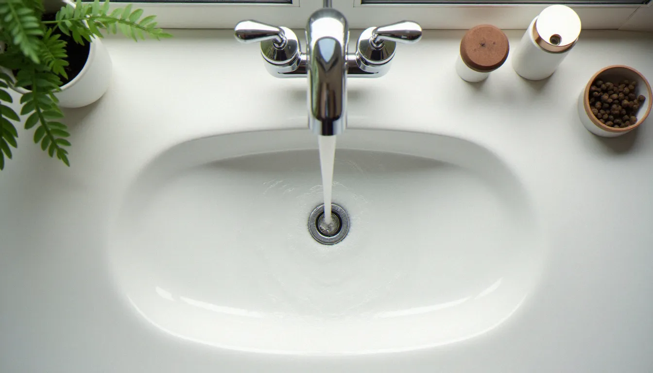 Robinet de salle de bain équipé d'un mousseur économiseur d'eau, filet d'eau visible, accessoires écologiques posés autour sur céramique blanche