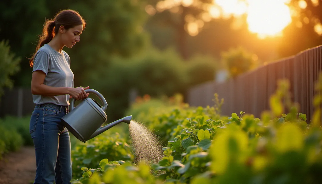 Femme arrosant un potager en soirée avec un arrosoir rempli depuis un récupérateur d'eau de pluie, lumière dorée de fin de journée sur un jardin verdoyant