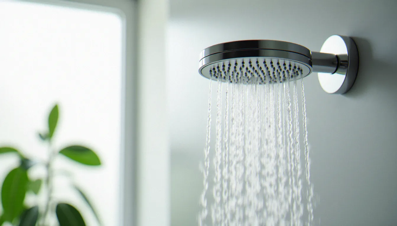 Pommeau de douche économique dans une salle de bain épurée, illustrant les solutions concrètes pour réduire la consommation d'eau à deux
