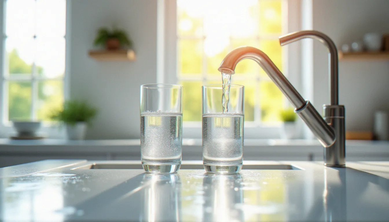 Deux verres remplis d'eau au robinet d'une cuisine moderne, illustrant la consommation moyenne d'eau pour 2 personnes au quotidien