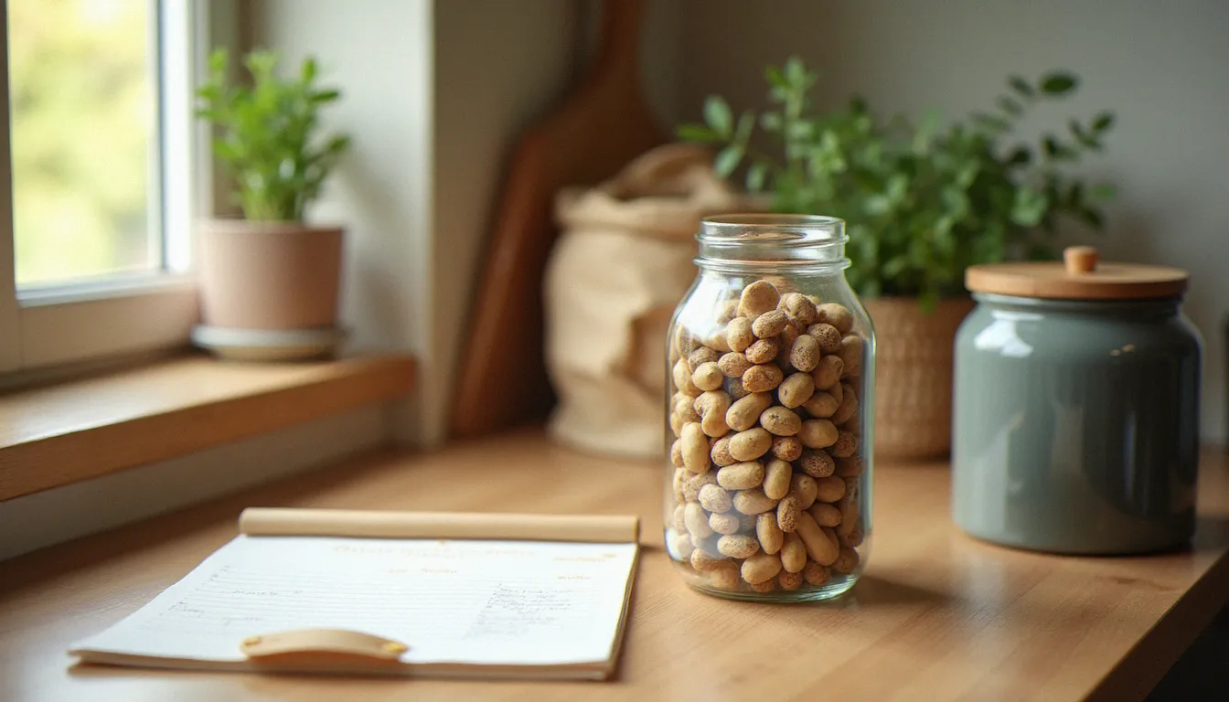 Cuisine française organisée avec liste de courses manuscrite, contenants réutilisables et composteur, représentant les habitudes pour consommer moins et réduire le gaspillage