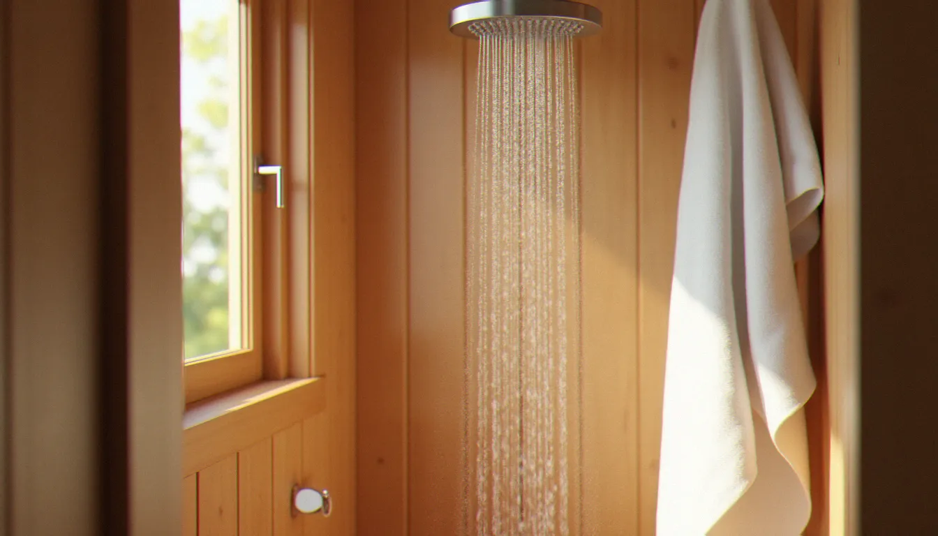 Pomme de douche avec eau qui coule dans une salle de bain lumineuse, représentant le poste de consommation d'eau le plus important du foyer
