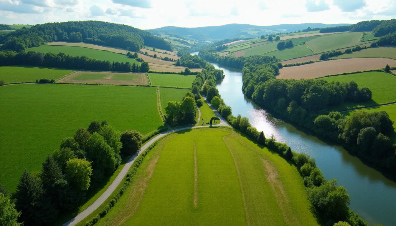 Vue aérienne d'une rivière traversant des champs en France en été, illustrant les enjeux de ressource en eau et de sécheresse liés à la consommation moyenne nationale