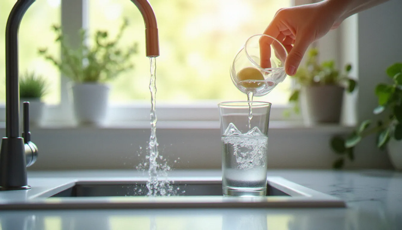 Un verre transparent se remplissant d'eau au robinet d'une cuisine moderne, illustrant la consommation moyenne d'eau au quotidien