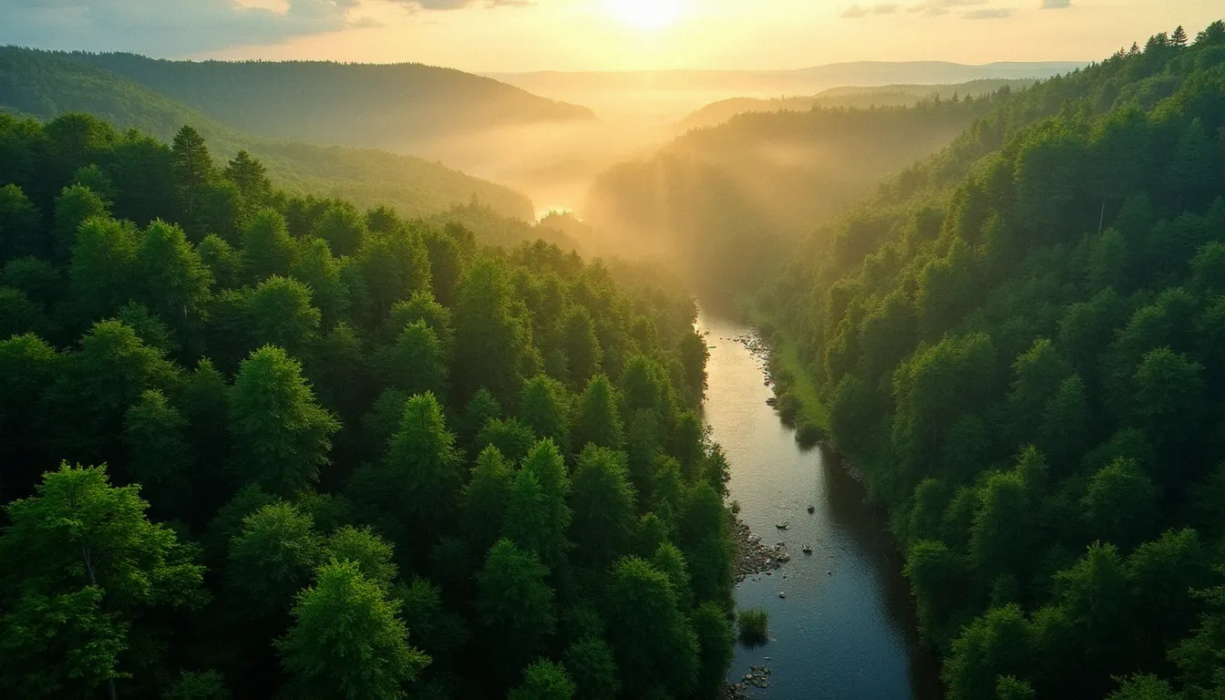 Vue aérienne d'une forêt dense et d'une rivière sinueuse symbolisant la biodiversité et les écosystèmes que l'écologie cherche à préserver