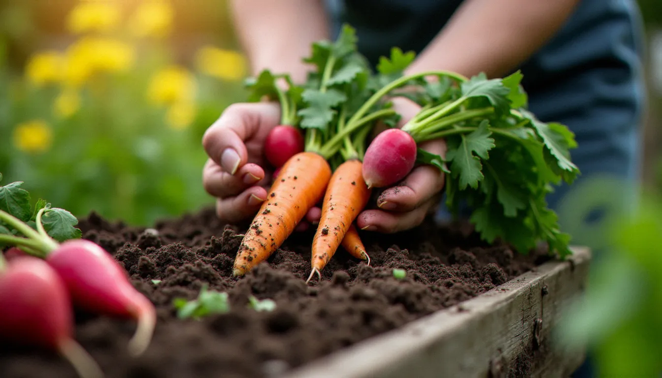 Mains tenant une récolte de légumes du jardin au-dessus d'un potager, représentant un geste concret d'écologie et d'autonomie alimentaire