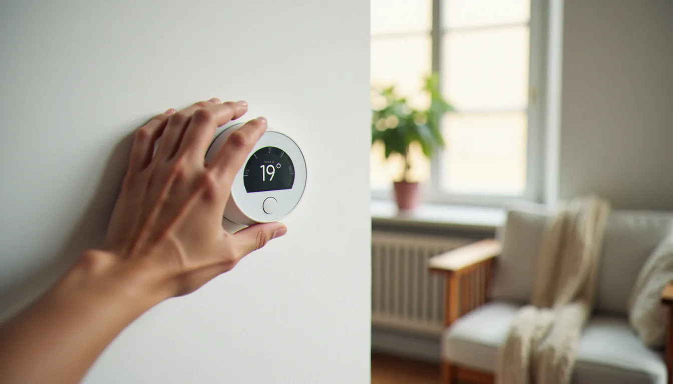 Un thermostat programmable réglé à 19 degrés dans un appartement, geste concret d'écologie du quotidien pour réduire la consommation de chauffage.