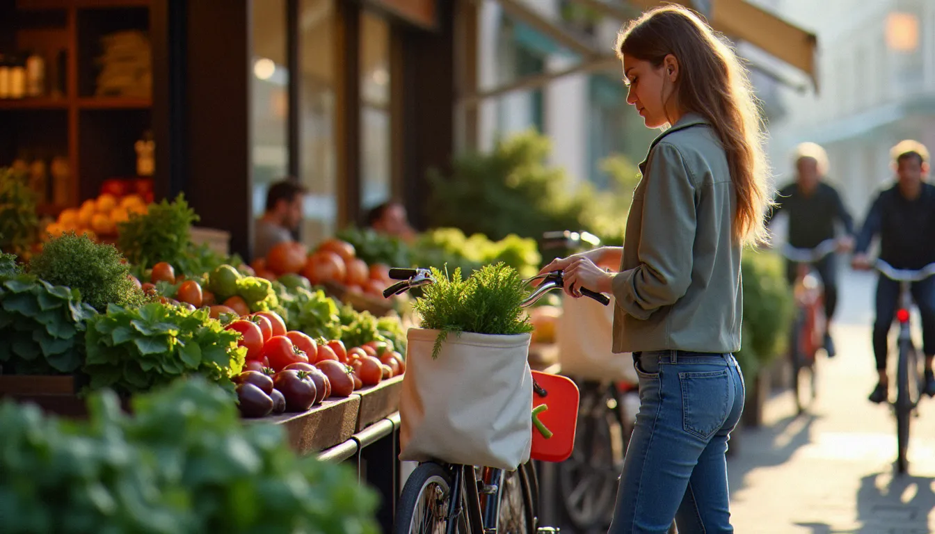 Une femme à vélo avec des sacs réutilisables au marché, illustrant la mobilité douce comme levier d'écologie du quotidien.