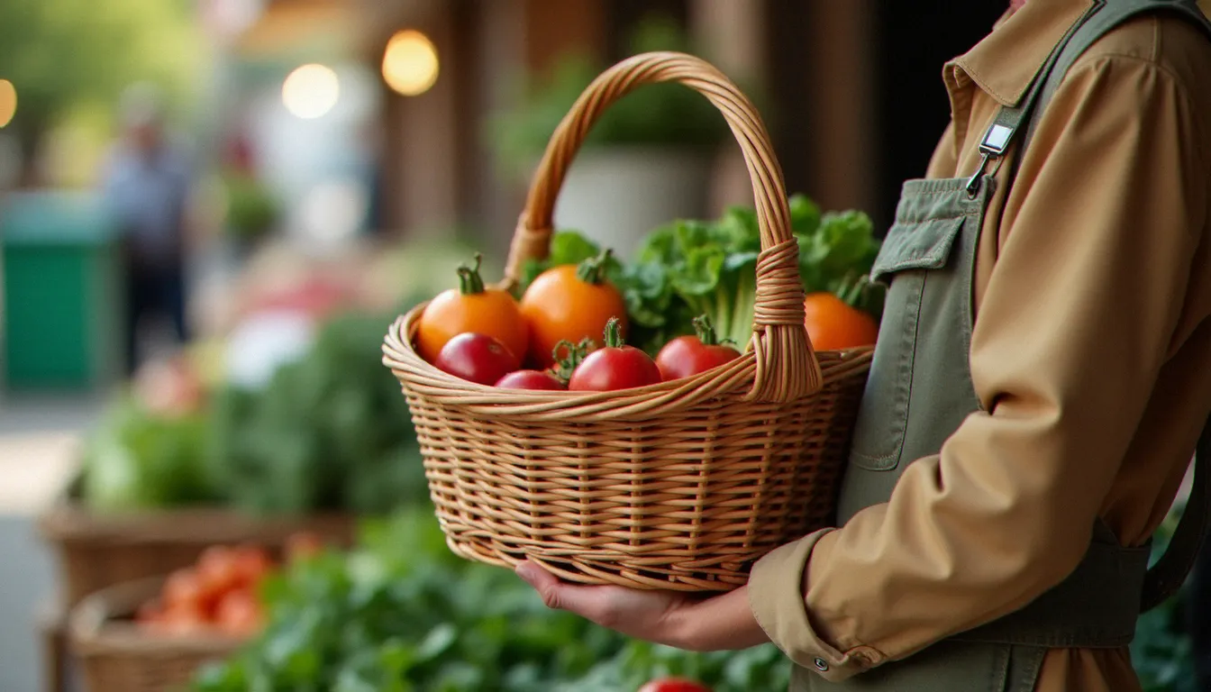Une femme récupère son panier de légumes de saison sans emballage dans une AMAP, geste quotidien d'écologie intégrale alliant circuit court et lien social
